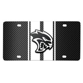 iPick Image for Dodge Hellcat 3D Logo in White on White Stripe Black Carbon Fiber Look Stainless Steel License Plate for Decorative