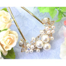 Miaomyao Hair Ornament, Hair Ornament, Pearl, Bijou, Flower, U-Comb, Pink Gold, Hair Accessory