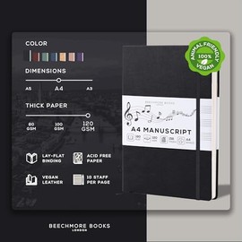BEECHMORE BOOKS - Cuaderno de partituras en blanco – A4 8.5x11.5 para compositores, músicos y cantantes, 156 páginas gruesas de 120 g/m²,...