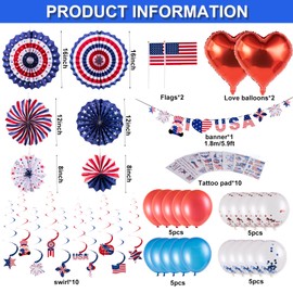 SUNBEAUTY Independence Day Party Decoration Set, 4th of July USA Party Decoration Balloons Paper Fan Garland Swirl Tattoo Stickers USA Flags for America Party