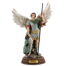 DevotedWalls 10.2"H Saint Raphael Statue Painted in Full Color, Angel St. Raphael with Name Plate on Base,Travel Protection Patron Archangel Saint St. Rafael, Estatua del Arcángel San Rafael Figurine