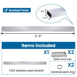 Muzata 6'6" Stainless Steel Handrail Brushed Rectangular Handrail Top Rail Cable Railing System Deck Stair Indoor Outdoor, HT10 SL4