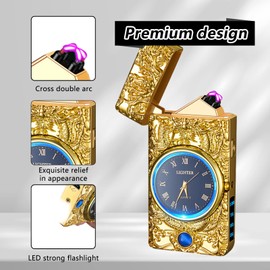 TIKIUKI Windproof Plasma Lighter with Luxury Design LED Light 75° Slant Bar Fast USB Charging Auto Shut-Off – Perfect for Camping Hiking and Gifts(Gold)