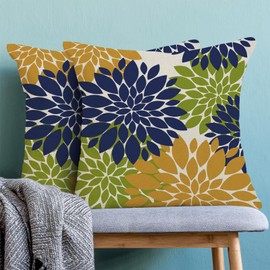 Navy Blue Summer Outdoor Pillow Covers 18x18 Inch Set of 2 Mustard Yellow Green Dahlia Floral Decor Throw Pillows Modern Geometry Flower Decorative Cushion Cases for Sofa Couch Bed Decorations