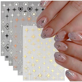 Star Nail Art Stickers Decals 6 Sheets Gold Nail Art Supplies 3D Self-Adhesive Holographic Laser Metallic Stars Heart Nail Art Design Sticker French Tip Manicure Women Girls DIY Acrylic Nail Art