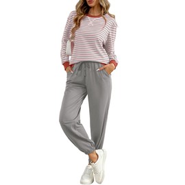 FIOPHY Women's Cozy 2 Piece Outfits Lounge Sets Striped Color Block Long Sleeve Tops Jogger Sweatpants Sweats Track Suits Set Grey&Pink XL