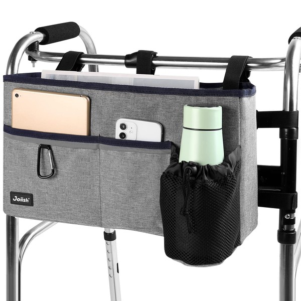 Joiish Walker Basket with Cup Holder, Folding Walker Accessories Bag for Senior, Stay Upright, Large Storage & Easy to Use
