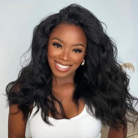 Romface Real Hair Wig Black Half Wig Human Hair Yaki Straight Glueless Wear and Go Kinky Straight 180% Density Wigs Real Hair Women Natural Black Wigs for Black Women 18 Inches