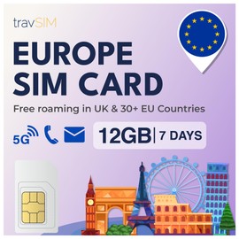 travSIM SIM card Europe, 12 GB data at 4G/5G speed, data SIM only, use of the Europe SIM card in 27 EU countries, plan on SIM card for Europe valid for 7 days