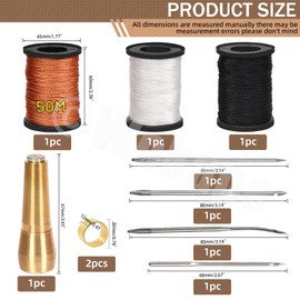 Wokape 10Pcs Canvas Leather Sewing Awl Needles Assortment Kit Contains Straight and Curved Needles, 3 Colors 50m Waxed Nylon Cord Threads with Coils, Copper Handle, Thimbles for DIY, Leather Repair