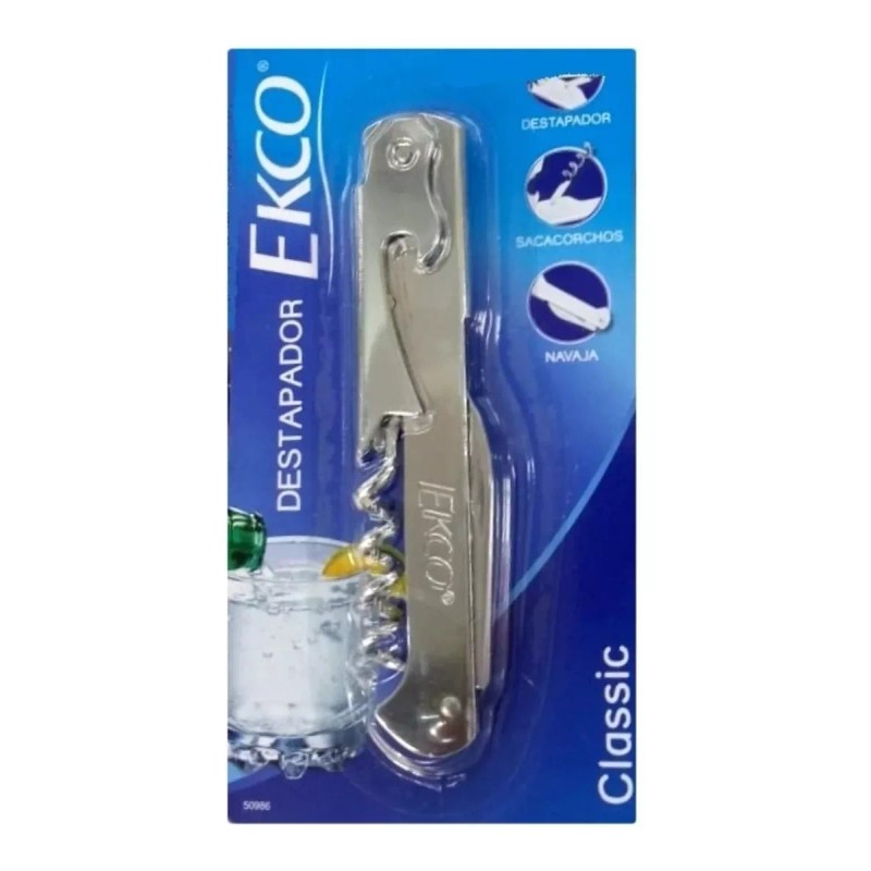 Ekco Destapador Sacacorcho Acero Cromado Navaja Ekco 3 En 1