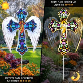 Solar Cross Garden Lights, Jesus Cross Memorial Gifts for Loss, Christian Gifts, Fried Yard Decorations for Grave, Stained Glass Angel Wings, Gravestones for Graves, Lawn, Yard, Balcony