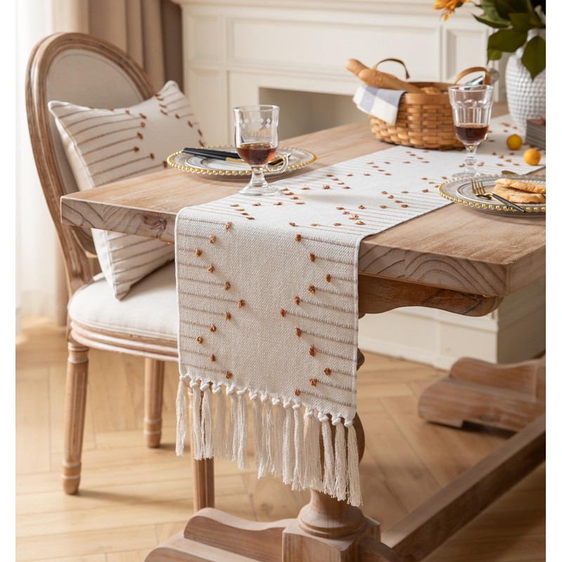 Boho Table Runner 13 x 60 Inch Long Natural Cotton