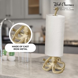 WallCharmers Gold Paper Towel Holder, Metal Toilet or Kitchen Paper Holder for Floor or Countertop, Gold Octopus