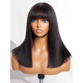 LUVME HAIR 14 Inch Light Yaki Straight Bob Wig with Bangs Human Hair Realistic HD Lace Short Black Bob Wigs, Ready to Go Blunt Cut Bob Wig Glueless 180 Density