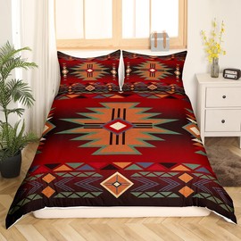 Western Bedding Set Full Size,Red Black Cowboy Cowgirl Duvet Cover Set for Boys Girls,Kids Adult Aztec Native Tribal Comforter Cover Retro Geometric Arrow Striped Bohemian Quilt Cover,2 Pillowcases