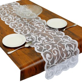 mookaitedecor 13x70 Inch White Lace Table Runner for Wedding Festival Party Christmas Table Centrepiece Living Room Home Desk Decor, Vintage Elegant Flower Dinner Table Runner