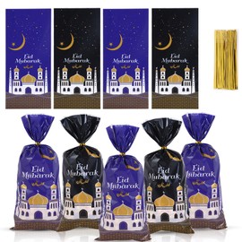 Pack of 100 Eid Mubarak Party Bags, Ramadan Gift Bags, Eid Mubarak Party Favor Bags with 100 Golden Twist Ties, Mosque Cellophane Plastic Gift Bag for Party Decoration (Purple + Black)