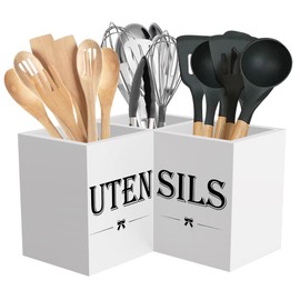 Suli Extra Large Kitchen Utensils Holder with 3 Compartments,Corner Utensil Caddy for countertop,Wooden Utensil Organizer for Kitchen Countertop, Farmhouse Decor- White
