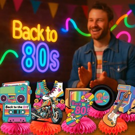 9 Pcs Vintage Era Theme Honeycomb Centerpiece, 3D Table Decoration with Motorcycle Record Radios for Retro 1980s Theme Party Supplies Baby Shower Decorations