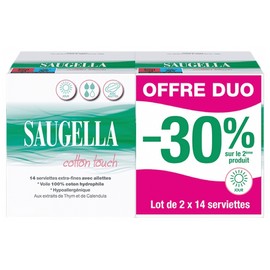 Saugella Cotton Touch Day 2 x 14 Extra-Fine Napkins with Fins