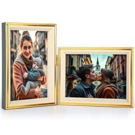 Epecfan Picture Frame Double Hinged Picture Frames Vertical and Horizontal stand on Desktop Folding Photo Frame with Plexiglass for Tabletop Display(BlueGolden,4x6-6x4)
