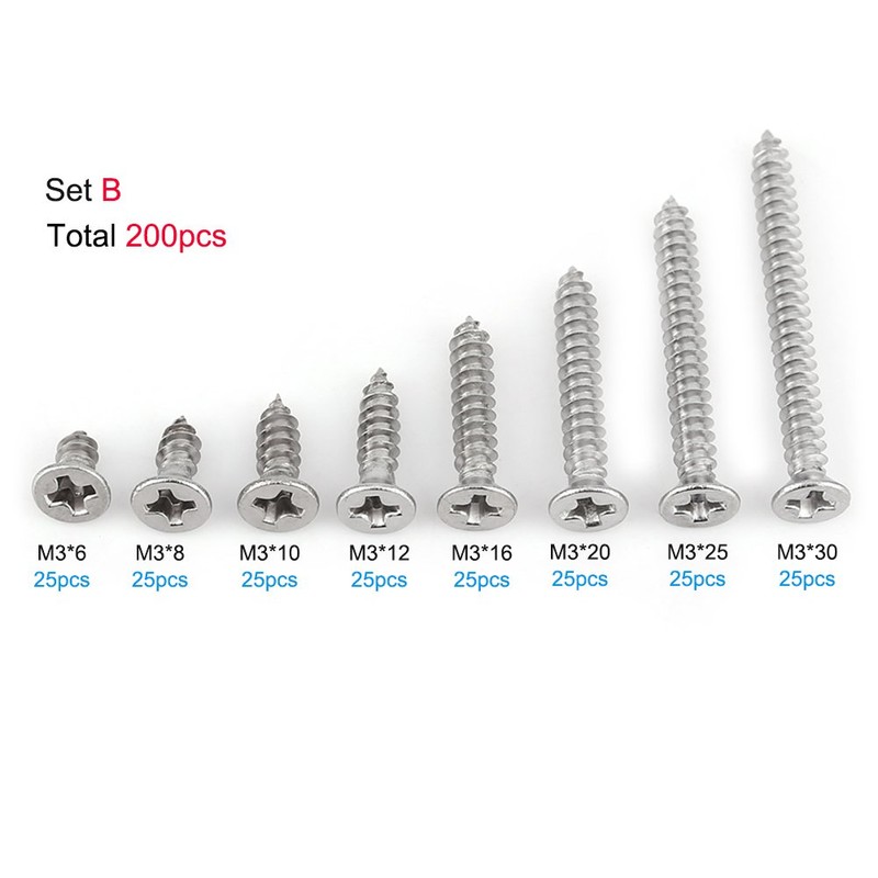 Pack of 200 Wood Screws Set M3 Stainless Steel Phillips
