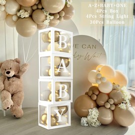 Wayfun 71Pcs Baby Shower Balloon Box for Boy Girl,4 String Lights,4 Transparent Balloon Boxes Block with 33 Letter,ONE+BABY+A-Z,30 Baby Box Party Balloon(White Sand&Gold) for Baby Shower,Birthday Party Decor