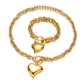 Silver 18k Gold Rose Gold Plated Charm Chunky Stainless Steel Chain Heart Toggle Choker Bracelet Necklace Set for Womens Fashion Valentine Jewelry Set