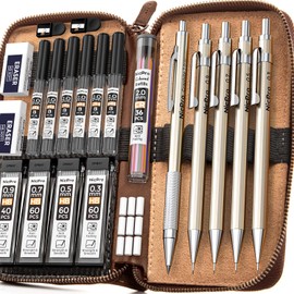 Nicpro 29PCS Metal Mechanical Pencil Set in Leather Case, 0.3 & 0.5 & 0.7 & 0.9 & 2mm Lead Pencil Holder, (6B 4B 2B HB 2H 4H) Lead Refills (Black & Colors), Erasers For Art Drafting Sketching Drawing