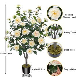 3.6FT Artificial Camellia Fake Tree, Artificial Plants & Flowers with 32 Yellow Pink Flowers for Door Front Decoration Porch Patio Living Room Office Indoor Outdoor Decoration (Contains Dried Moss)