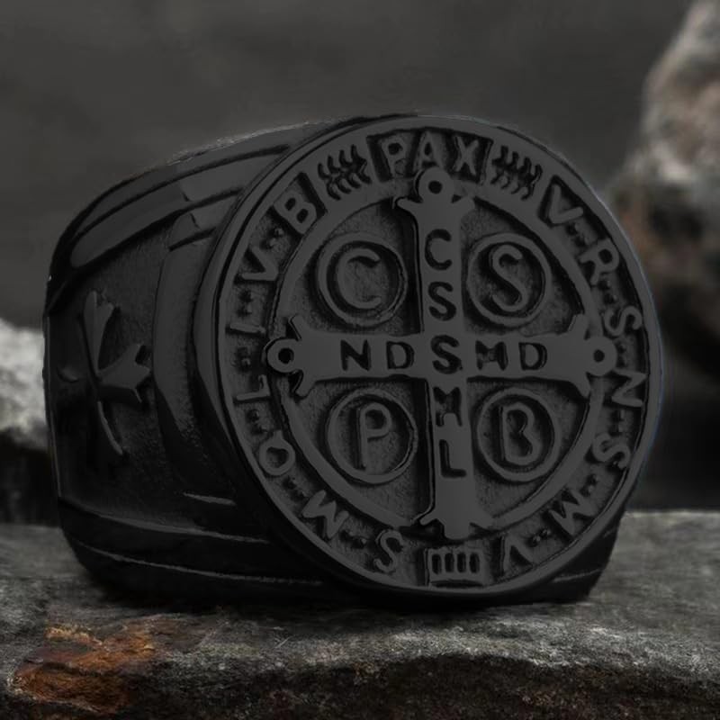 REchoLI Cross Ring for Man Black Stainless Steel Saint Benedict