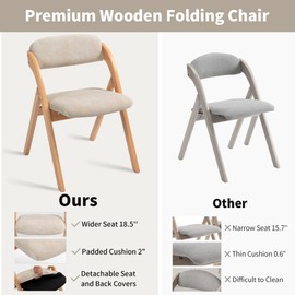 HOMEFUN Folding Chairs with Padded Seats, Wooden Stackable Dining Chair Set of 2 with Removable Cover Extra for Guests Kitchen Office Wedding Party Picnic, Cream