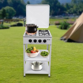 JAYGOVAN 4 Burner BBQ Propane Gas Grill Outdoor Portable 300000 BTU Stove with Wind shelter&2 Shelf Organizer Stainless Steel Grill for Outdoor Cooking Kitchen&Patio Backyard Barbecue (White)
