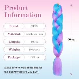 TESS Braids Extensions, Light Purple/Blue, 60 cm, Pack of 3 Jumbo Braids, Kanekalon Synthetic Hair for Braiding, Box Braids, Hair Extension Braid, 100 g/Bundle, Ombre Hair Braids Extension (3 Pieces,