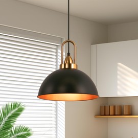 DORESshop 12-Inch Black and Gold Farmhouse Pendant Light 2 Pack, Adjustable Height, Vintage Hanging Industrial Ceiling Lights Fixture for Kitchen Island, Hallway, Dining Room, Bedroom