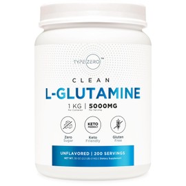Type Zero L Glutamina en polvo, 200 porciones de 5000 mg – Suministro de 6 meses, para la salud intestinal, soporte de revestimiento gastrointestinal y recuperación para mujeres/hombres, vegano, sin gluten, sin rellenos, sin sabor
