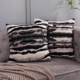 Black White Fluffy Throw Pillow Covers 18x18 Faux Fur Boucle Decorative Accent Cushion Cases Sherpa Neutral Fuzzy Plush Indoor Winter Decorations Home Decor for Couch Livingroom Bed Sofa, Set of 2