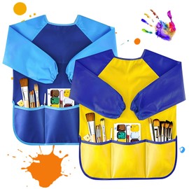 Tskcos Kids Toddlers Art Smock 2 Pack, Waterproof Kids Painting Apron with Long Sleeve & Pockets, Children Artist Smock for Kids Age 2-8 Painting, Crafting, Cooking
