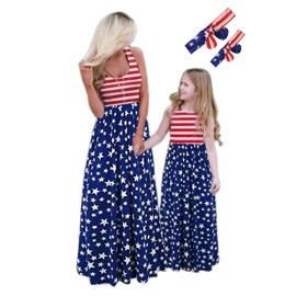Askwind Mommy and Me Dresses Casual Floral Family Outfits Summer Matching Maxi Dress (Flag, L)