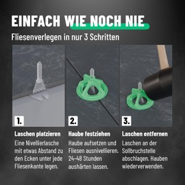 greate 250-teiliges Fliesen Nivelliersystem 2mm - Fliesenverlegehilfe Set mit 100 Laschen, 100 Hauben & 50 Fliesenkreuze