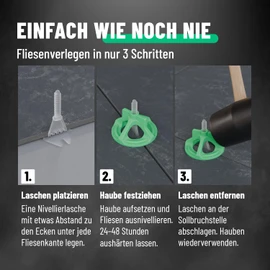 greate 250-teiliges Fliesen Nivelliersystem 2mm - Fliesenverlegehilfe Set mit 100 Laschen, 100 Hauben & 50 Fliesenkreuze
