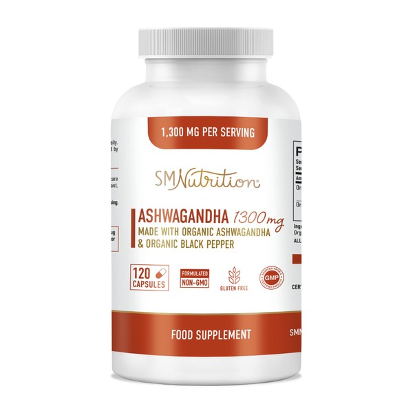 Ashwagandha 1300mg (120 Caps, 2-Month Supply) Ashwagandha Root Powder & Black Pepper Extract - 100% Ashwagandha Supplement for Stress Relief, Mood & Thyroid Support* - Vegetarian, Gluten-Free