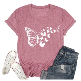 Women Butterfly Shirt Funny Heart Butterfly Print Tshirt Animal Graphic Insect Lover Tees Summer Casual Top-Pink XXL