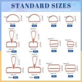 GLARKS 16Sets Rose Gold 2/2.5/3.2/3.8cm Swivel Lobster Clasp Kit, Includes 16pcs D Ring Clasp Claw Snap Hook, 16pcs Semi-Circular D Ring and 16 pcs Rectangle Adjuster Slides Buckle, Keychain Clip