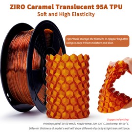 ZIRO 3D Printer Filament, Flexible TPU Filament 1.75mm, Soft Shore 95A Hardness, Fit for Most FDM 3D Printers, Colorful 3D Printing Material, 0.8KG/1.8lbs Spool, Translucent Caramel (TPU)