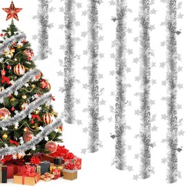 dellyy Tinsel Garland Christmas Garland, 6 Pieces x 2 m Christmas Decoration Tinsel Shiny Garland, Christmas Tinsel Garland with Stars, Christmas Tree Decoration Garland (Silver)