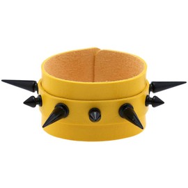 FM FM42 Women Yellow PU Simulated Leather Black-tone Long and Short Rivets Spike Spiked 4cm(1.57") Wide Punk Gothic Adjustable Bracelet, Pack of 2