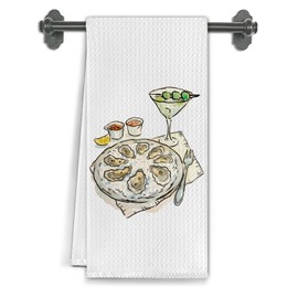 Elefeltclave Watercolor Coastal Beach Kitchen Towels, Martini Oyster Seafood Meal Decorative Dish Tea Towels, Nautical Beachy Hand Towels for Kitchen Dining Room Decor, 16x24 Inch