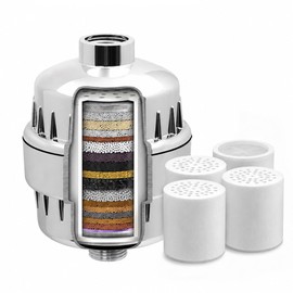 Filtro de Ducha 20 Etapas con 4 Cartuchos Reemplazo, Agua Pura y Suave para Piel Sensible y Cabello, Instalación Rápida sin Herramientas, Uso Familiar